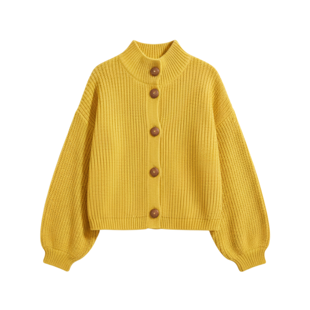 Cotton Mock Neck Balloon Sleeve Cardigan