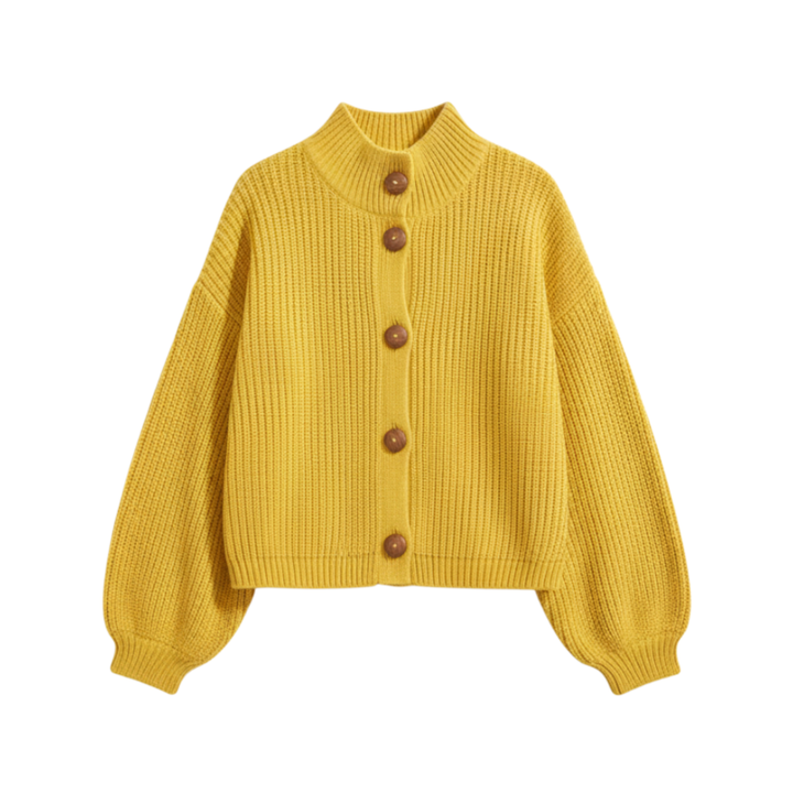 Cotton Mock Neck Balloon Sleeve Cardigan