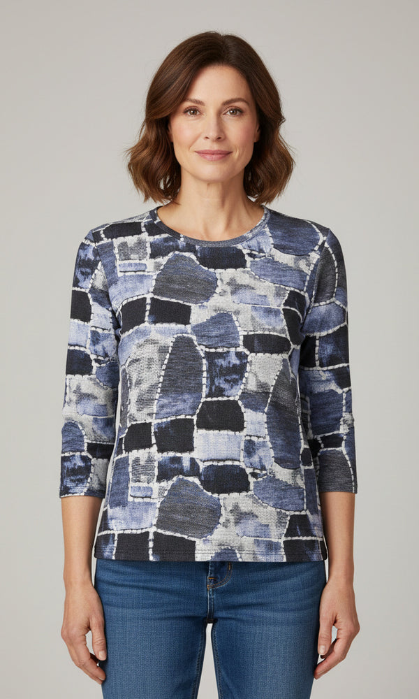 Blue patchwork print 3/4 sleeve crew neck top