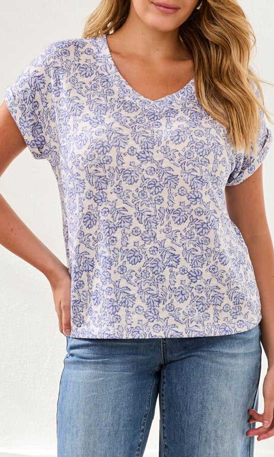 Abstract Floral V-Neck Short Sleeve Top