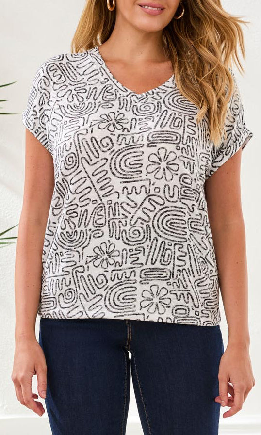 Abstract Floral V-Neck Short Sleeve Top