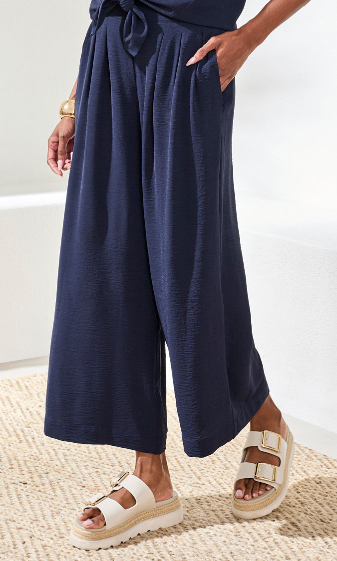 High-Waisted Wide Leg Cropped Pants with Tie Waist