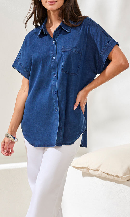 Short Sleeve Lyocell Blend Button-Down Shirt