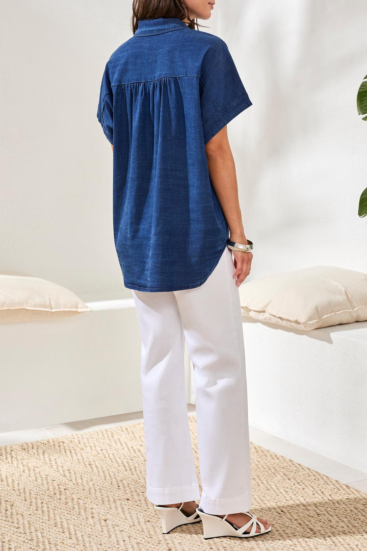 Short Sleeve Lyocell Blend Button-Down Shirt