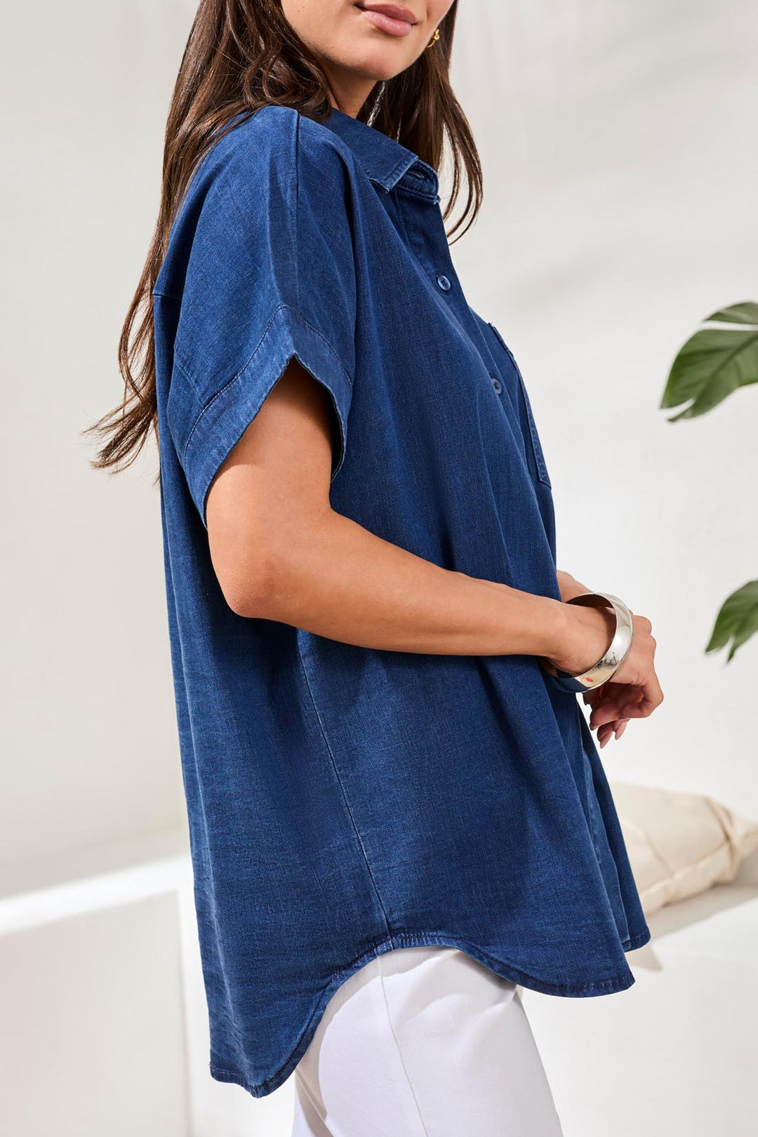 Short Sleeve Lyocell Blend Button-Down Shirt