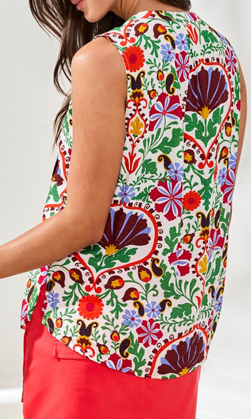 Ornate Floral Print Sleeveless Blouse