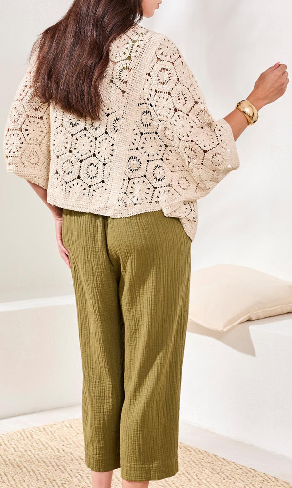 open front crochet kimono cardigan with intricate circular open knit pattern