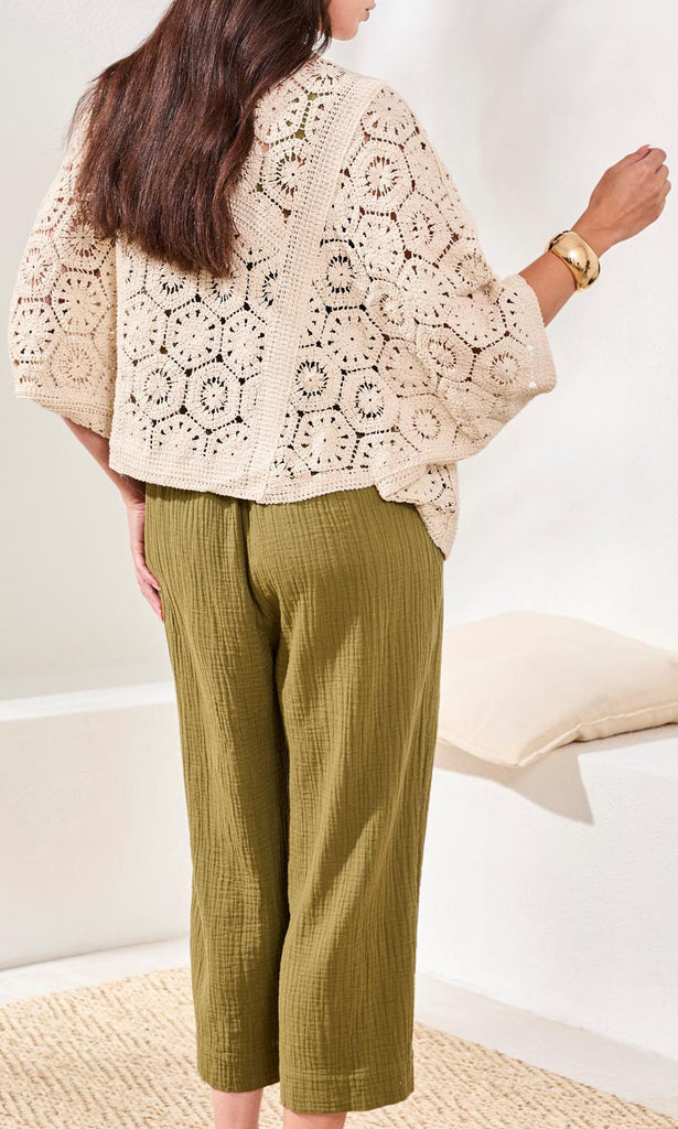open front crochet kimono cardigan with intricate circular open knit pattern