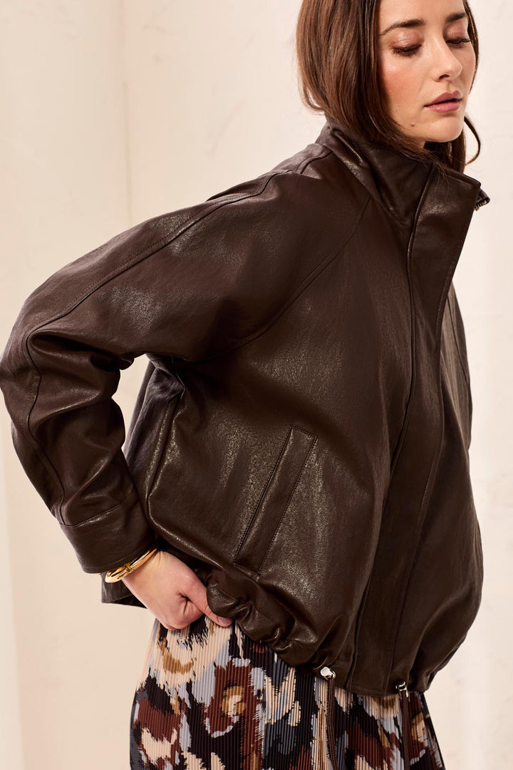 Faux Leather Mock Neck Bomber Jacket