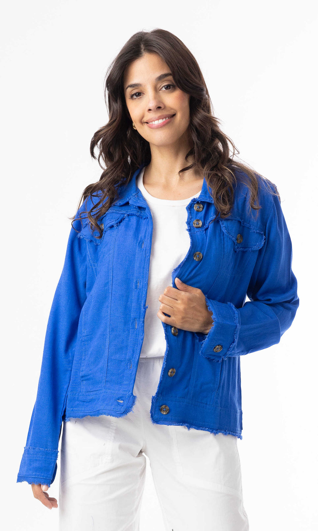 Frayed Edge Linen Blend Button Front Jacket