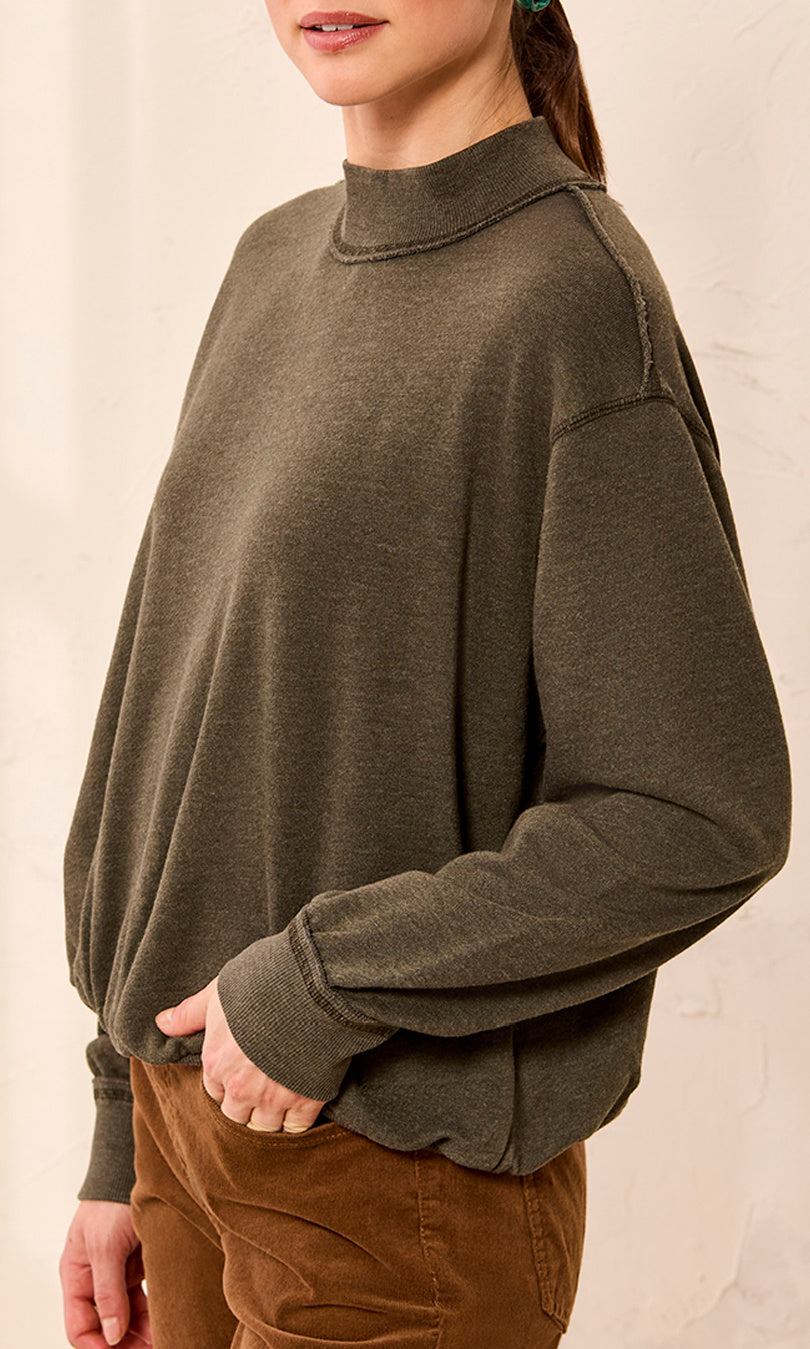 Mineral Wash Mock-Neck Bubble Hem Sweatshirt