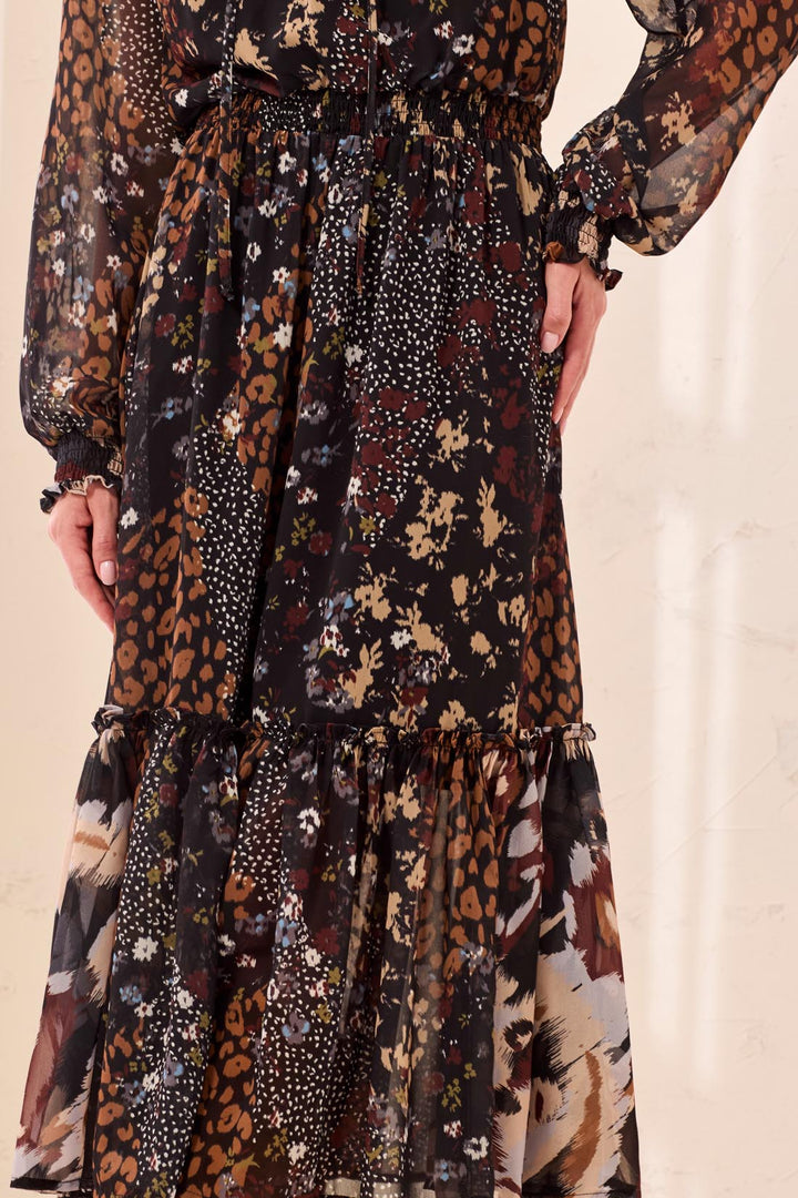 Mixed Print Tie Neck Maxi Dress