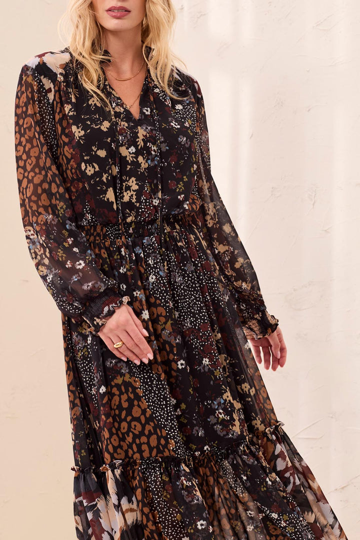 Mixed Print Tie Neck Maxi Dress