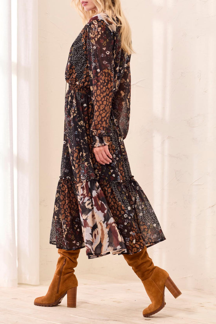 Mixed Print Tie Neck Maxi Dress