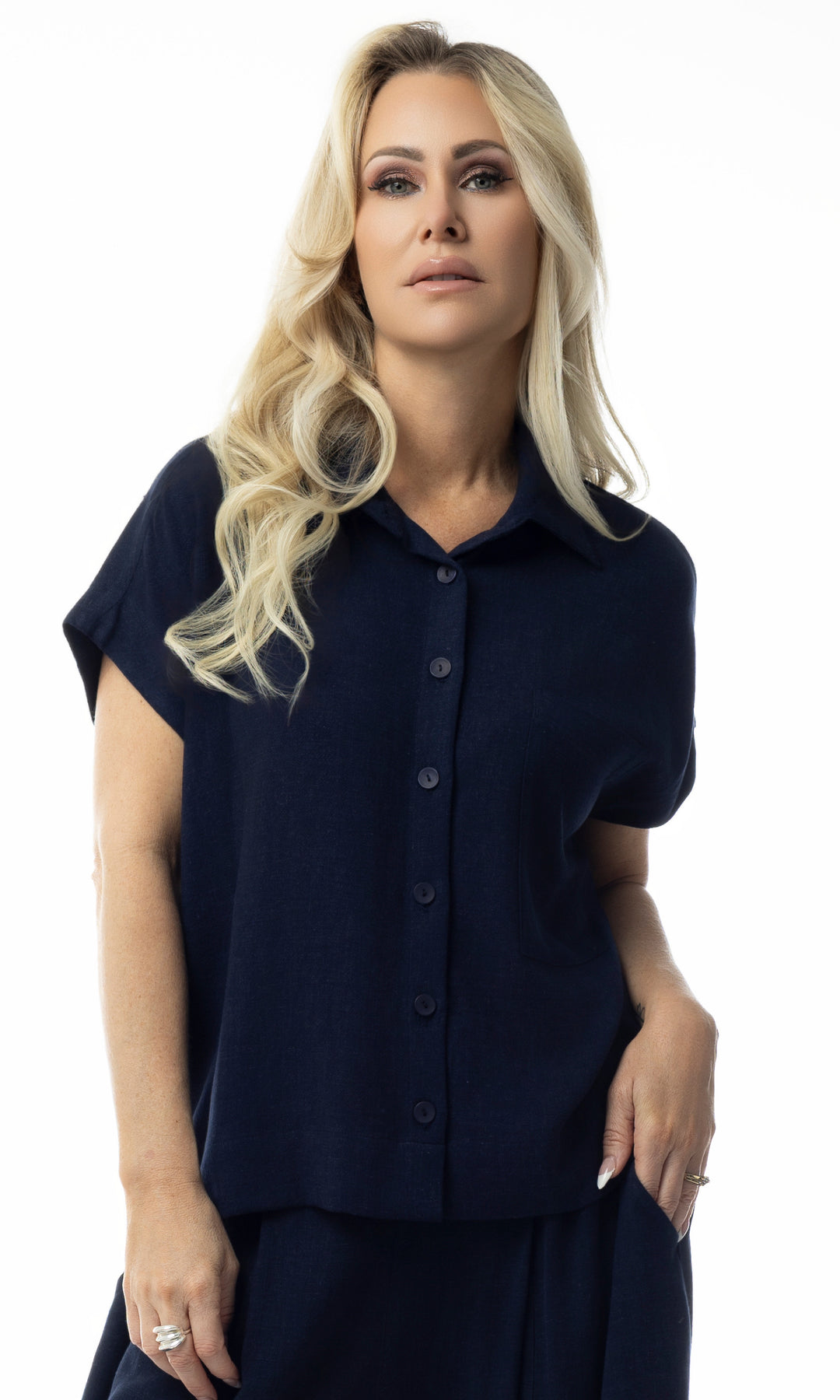 Relaxed Linen Blend Button Front Top
