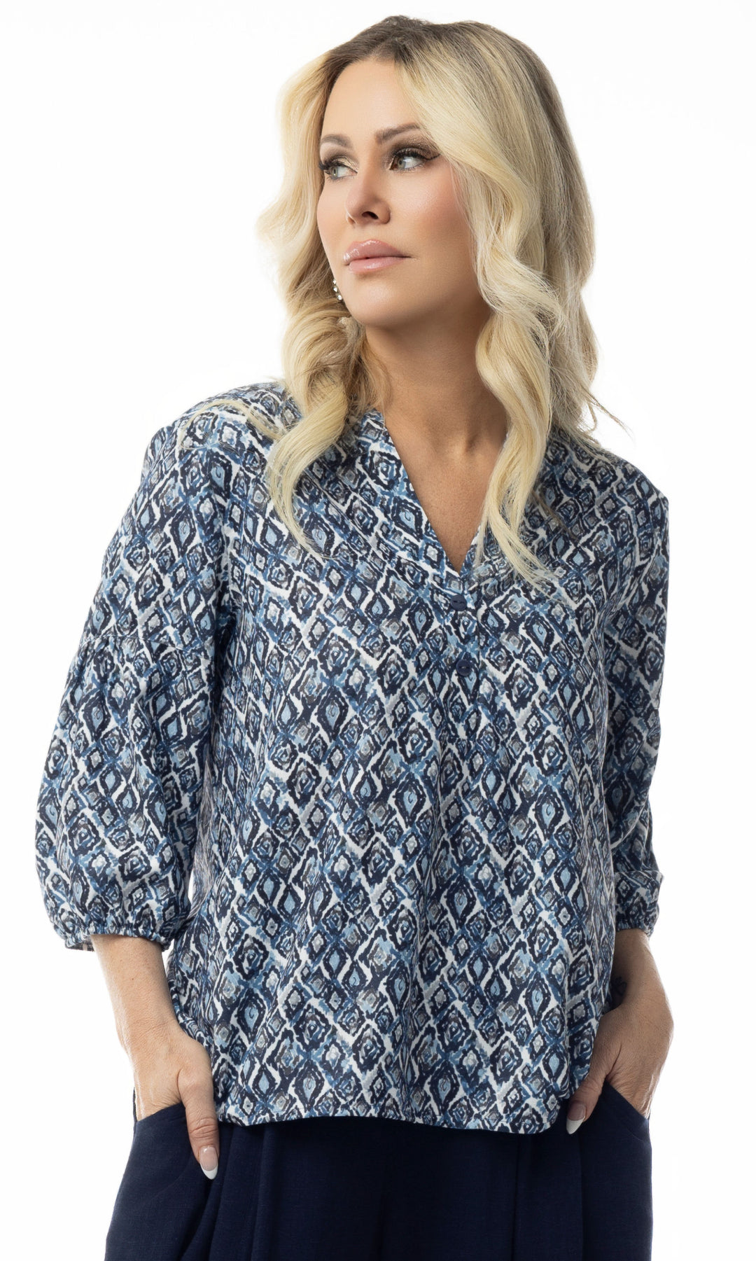 Diamond Print Button Front Blouse