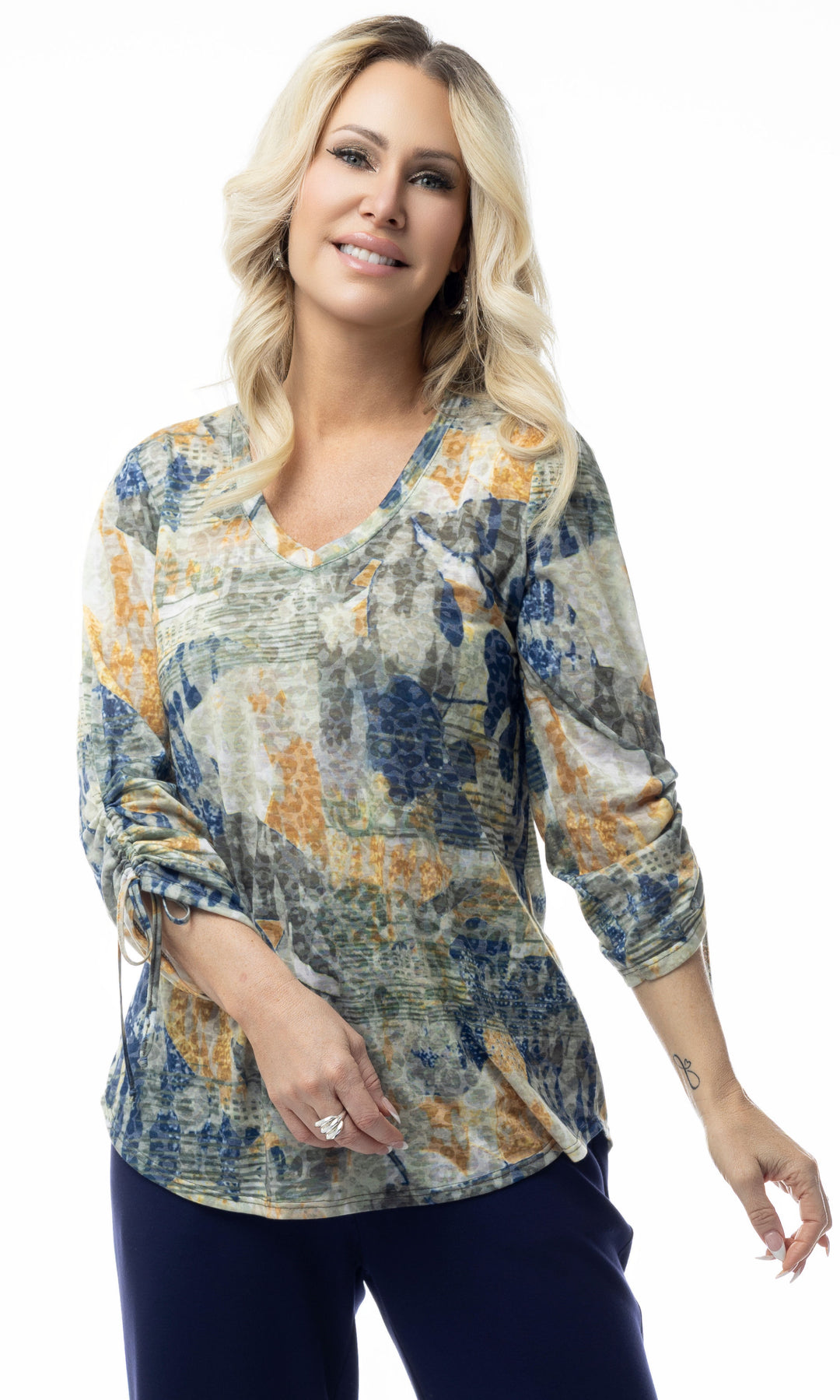 Printed V-Neck Ruched Sleeve Top