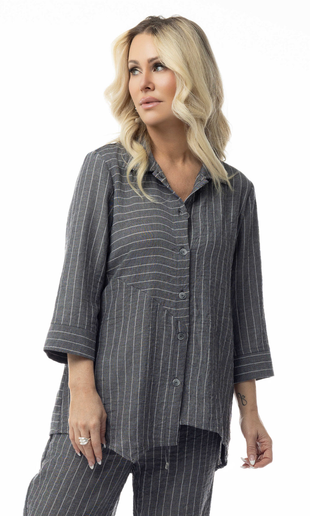 Pinstripe Button-Front Tunic Shirt