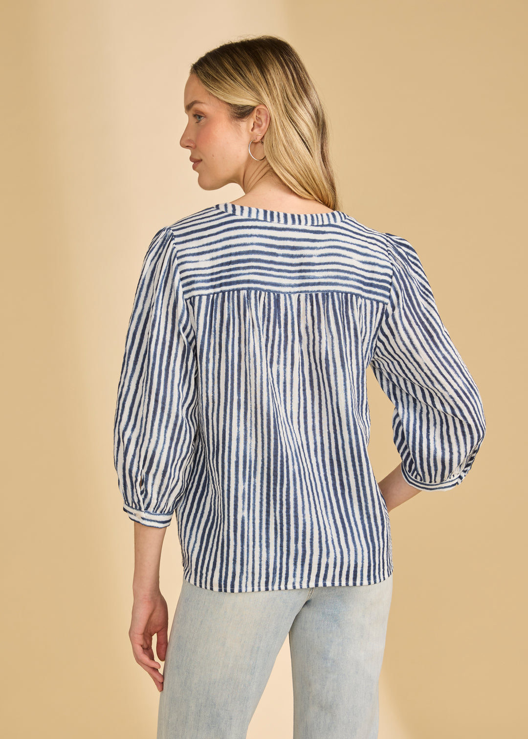Vertical Stripe Split-Neck Cotton Blouse