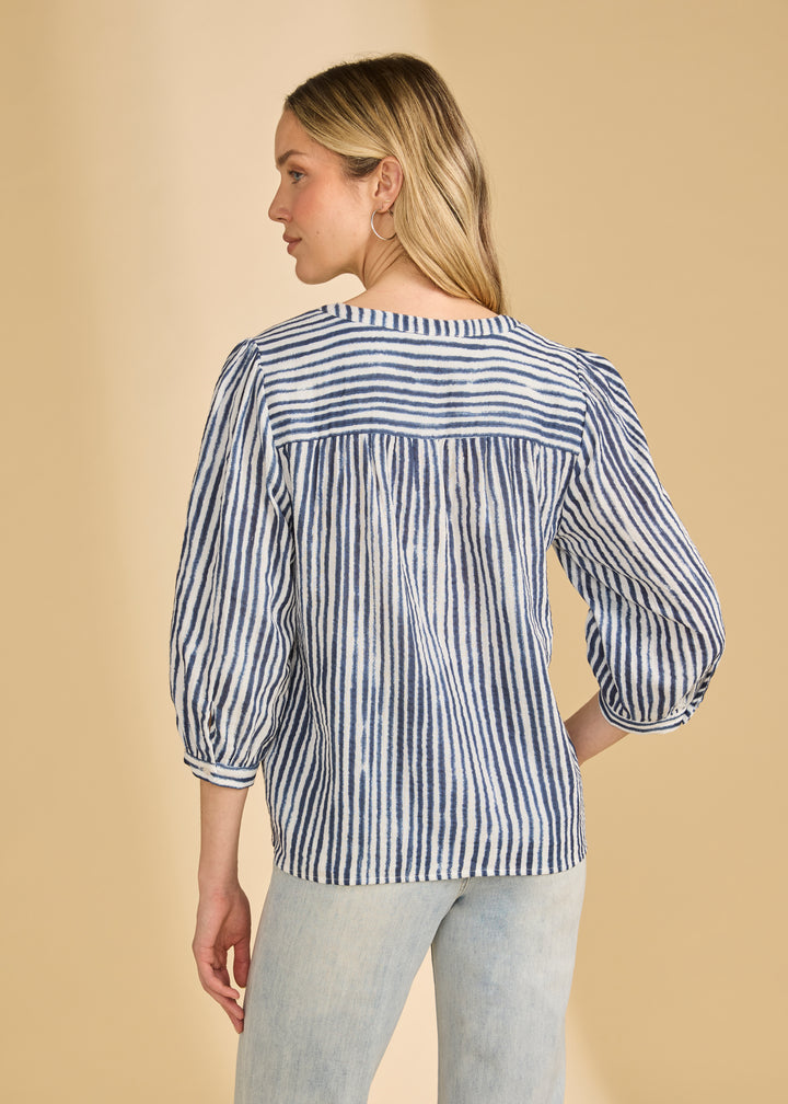 Vertical Stripe Split-Neck Cotton Blouse