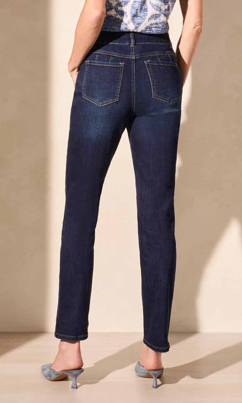A pair of curvy straight leg jeans with a mid-rise waist and five pockets, made from sustainably sourced cotton and Repreve polyester.
