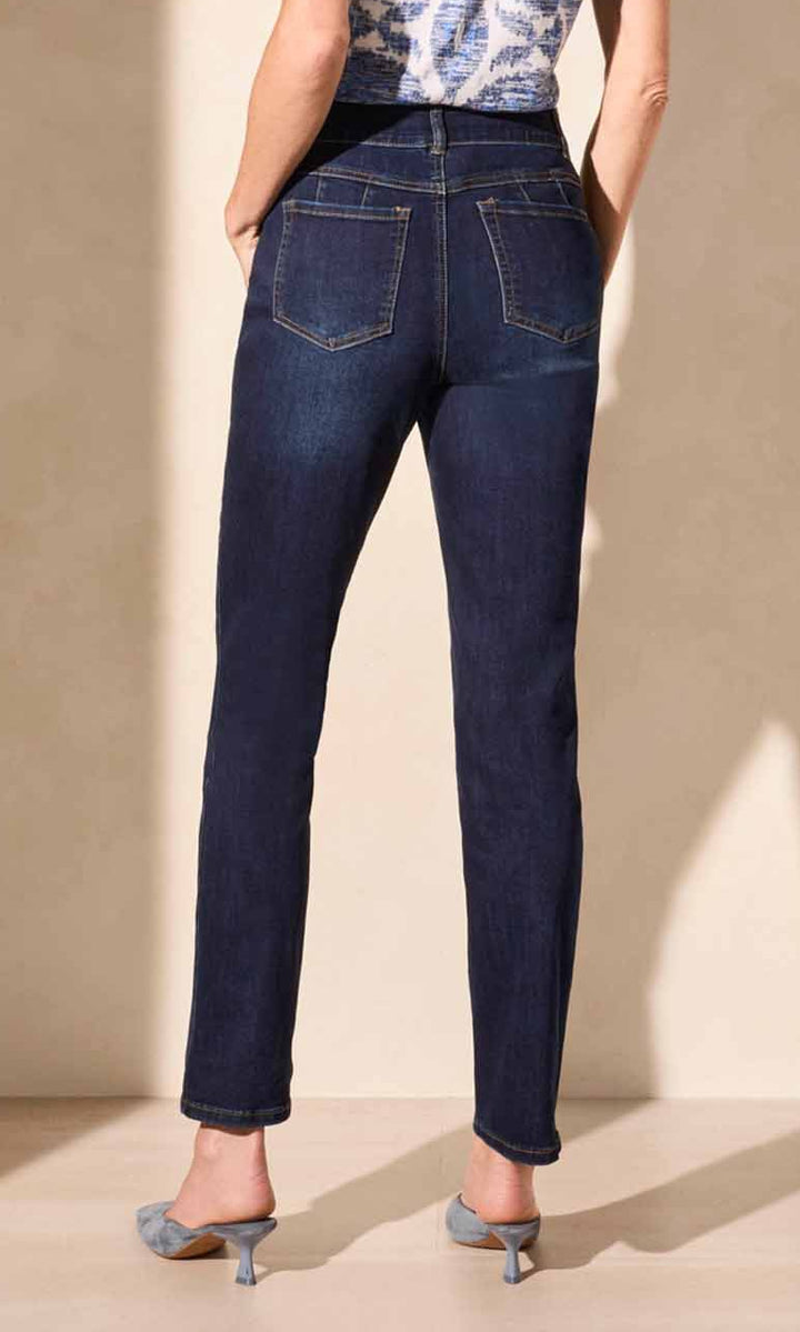 A pair of curvy straight leg jeans with a mid-rise waist and five pockets, made from sustainably sourced cotton and Repreve polyester.