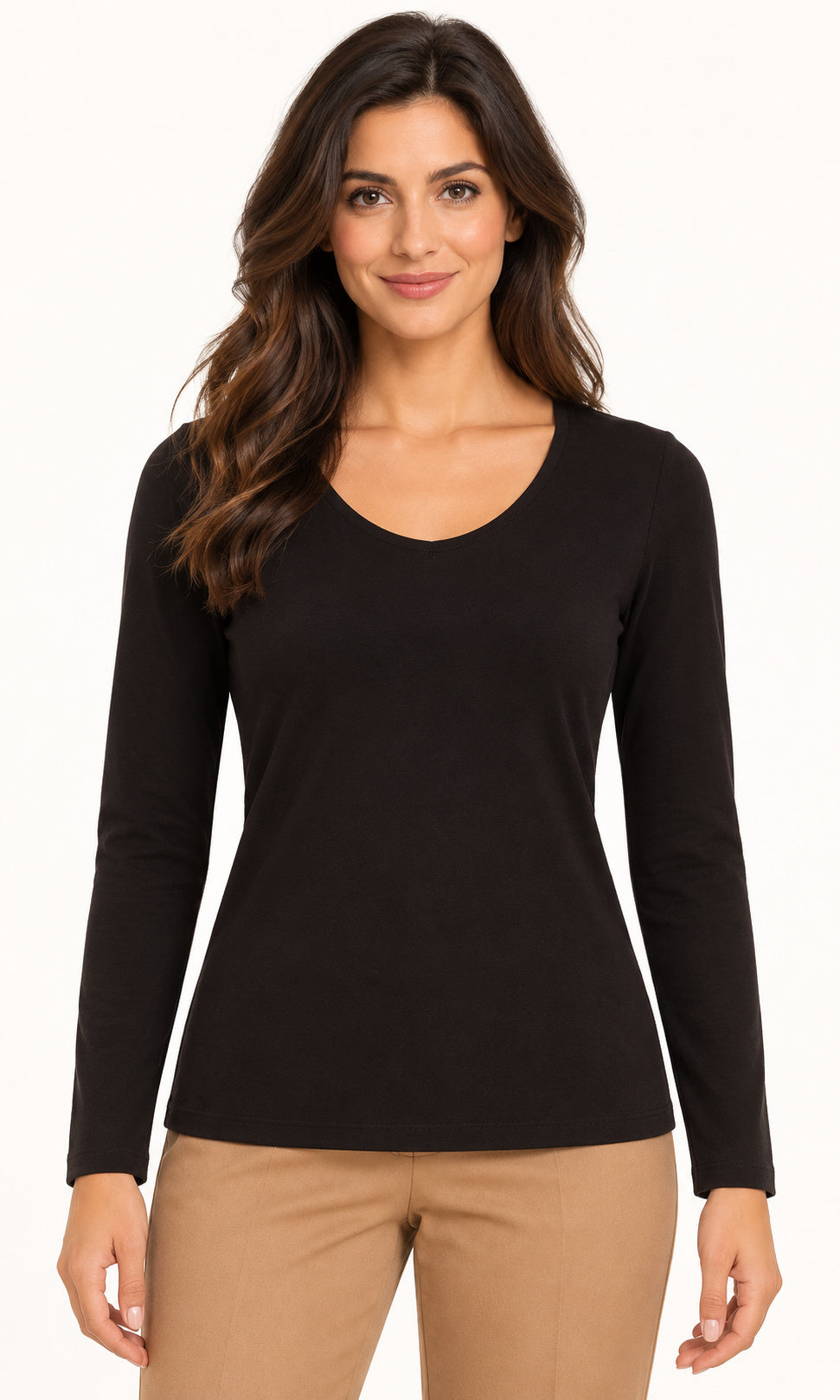 Stretch Cotton V-Neck Long-Sleeve Top