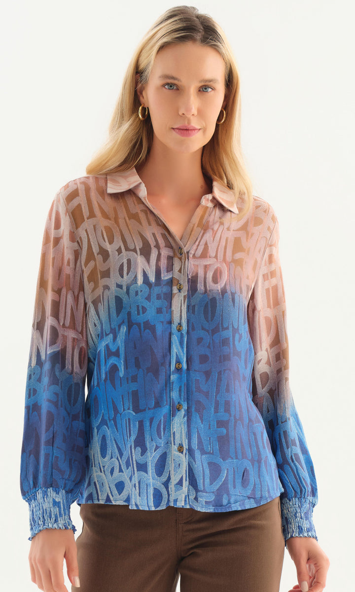Ombré Letter-Print Button-Up Blouse