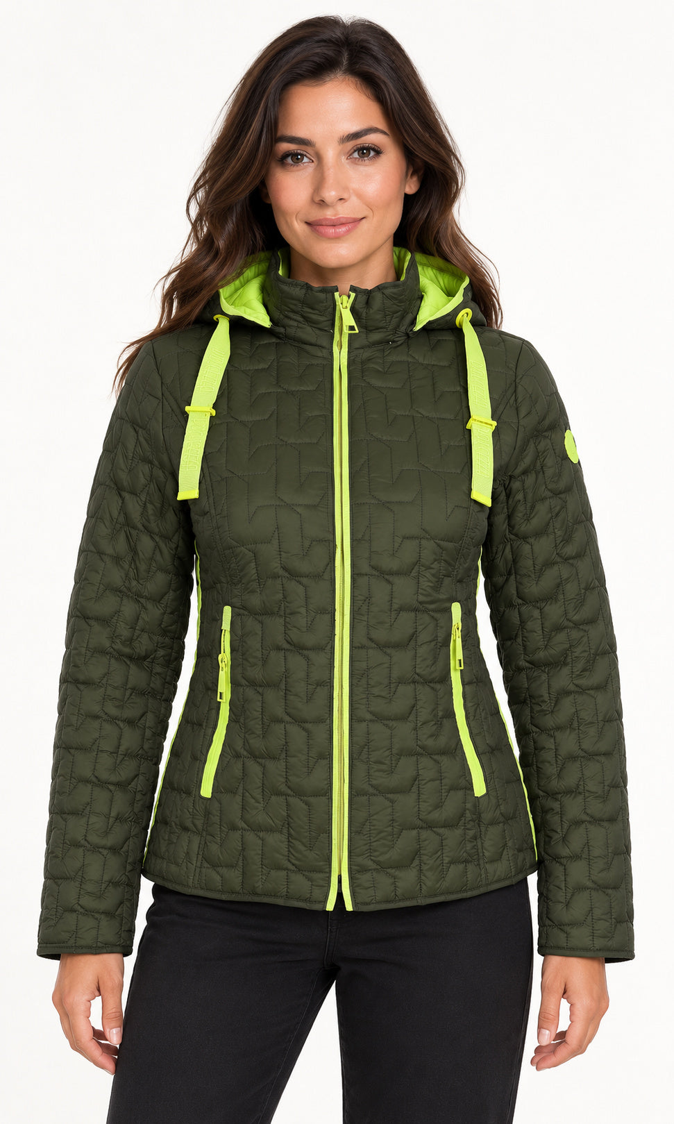 Contrast-Trim Hooded Quilted Jacket