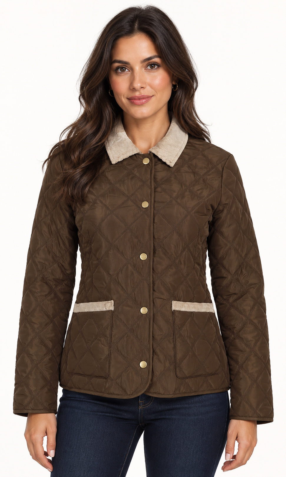 Corduroy-Trim Diamond Quilted Jacket