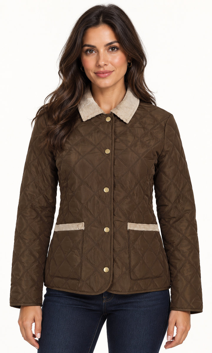 Corduroy-Trim Diamond Quilted Jacket