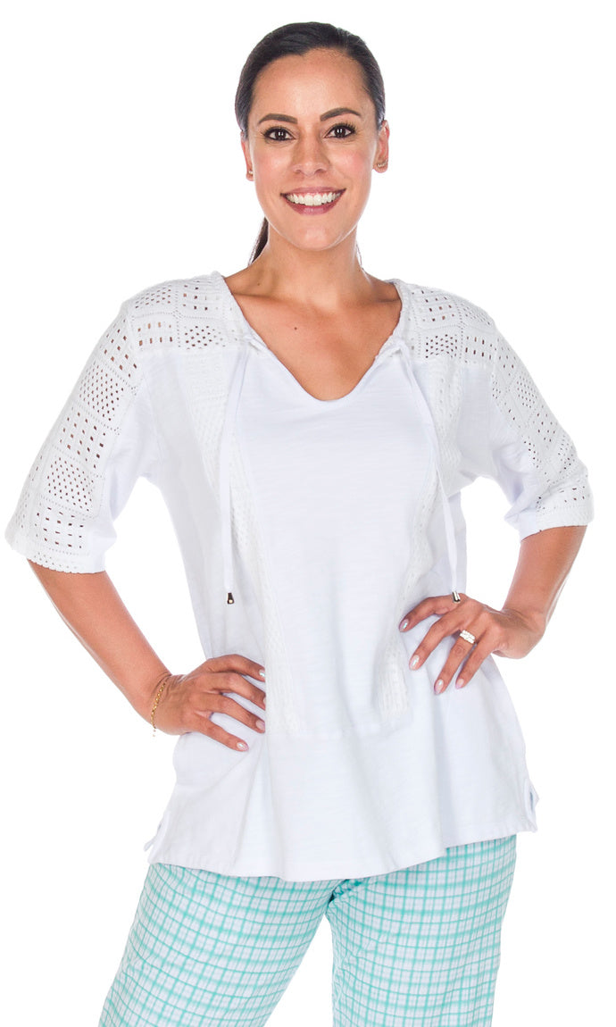 Crochet Trim Tie-Front Cotton Top