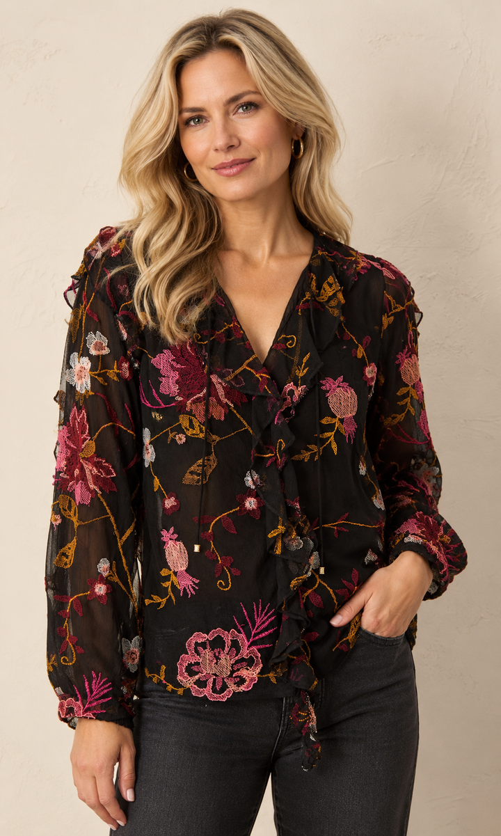 Embroidered Floral Ruffle Blouse