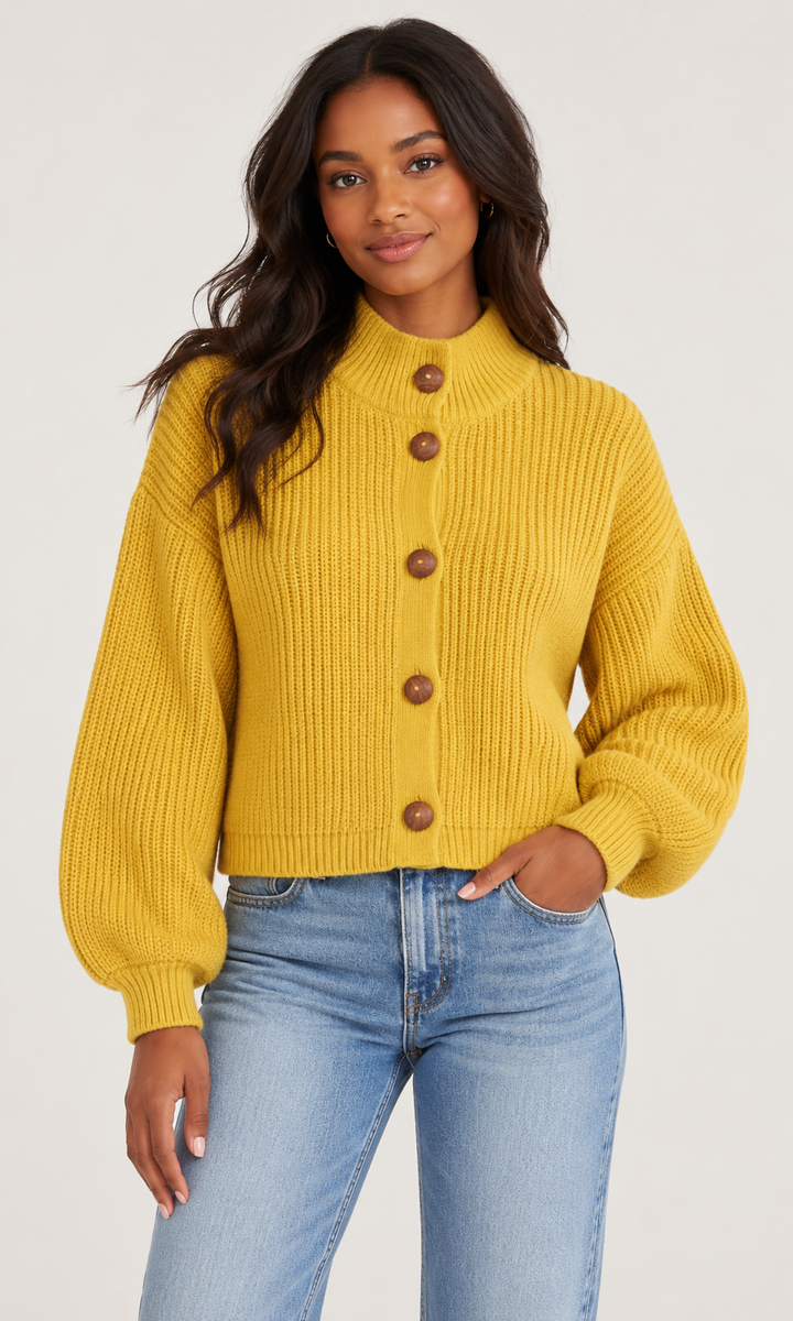 Cotton Mock Neck Balloon Sleeve Cardigan