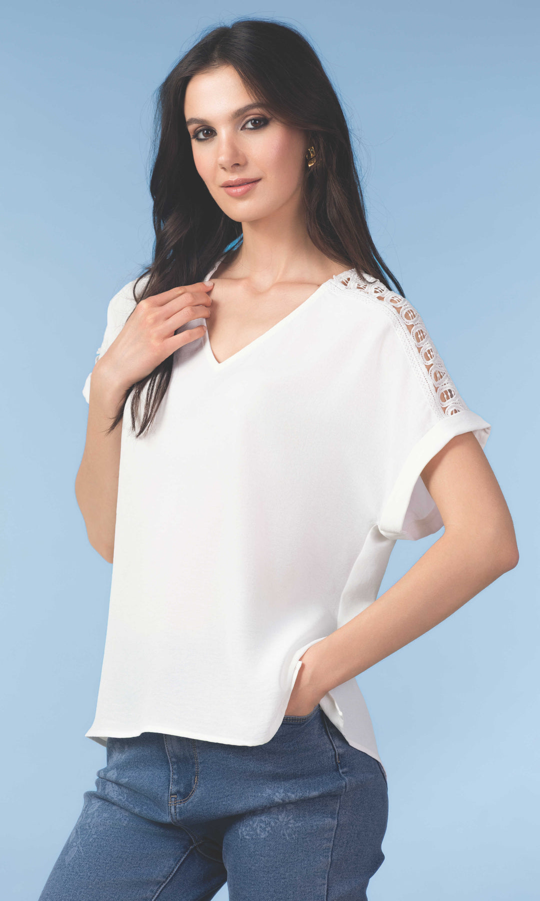 V-Neck Short Sleeve Blouse with Lace Trim Detail