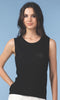 Woman wearing a black sleeveless top against a light blue background