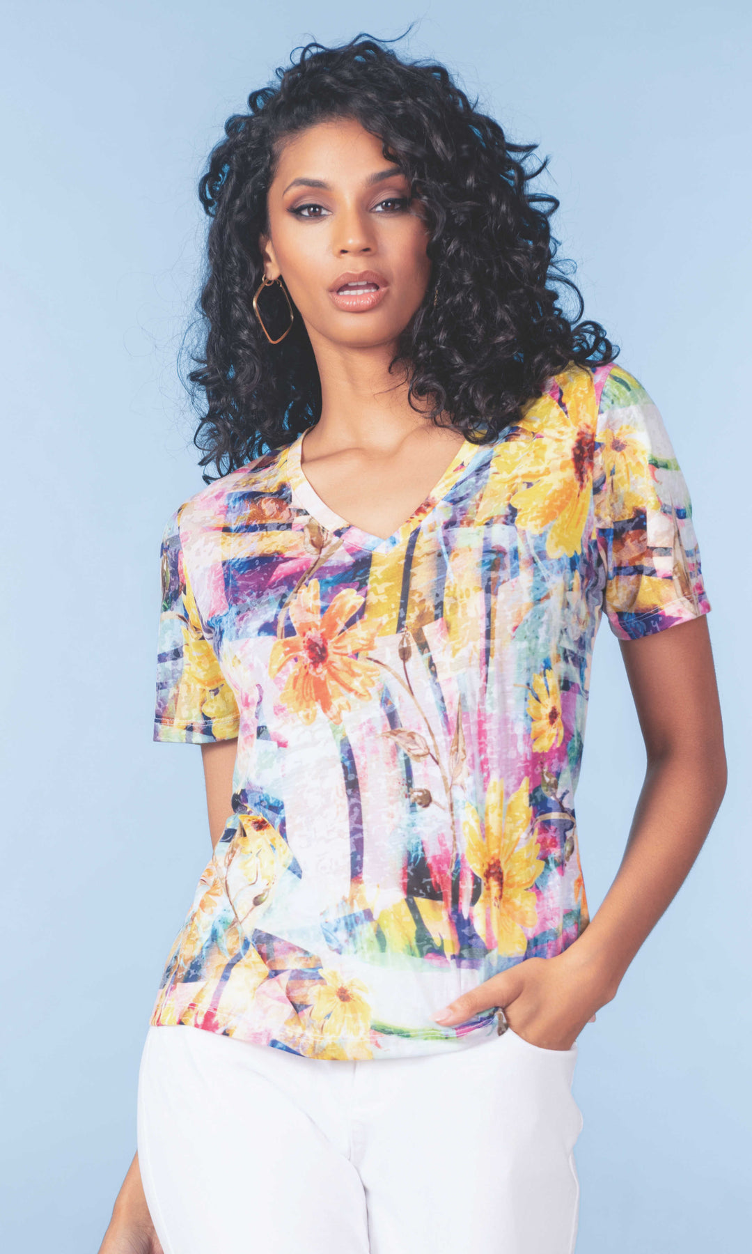 Printed V-Neck Short Sleeve Top