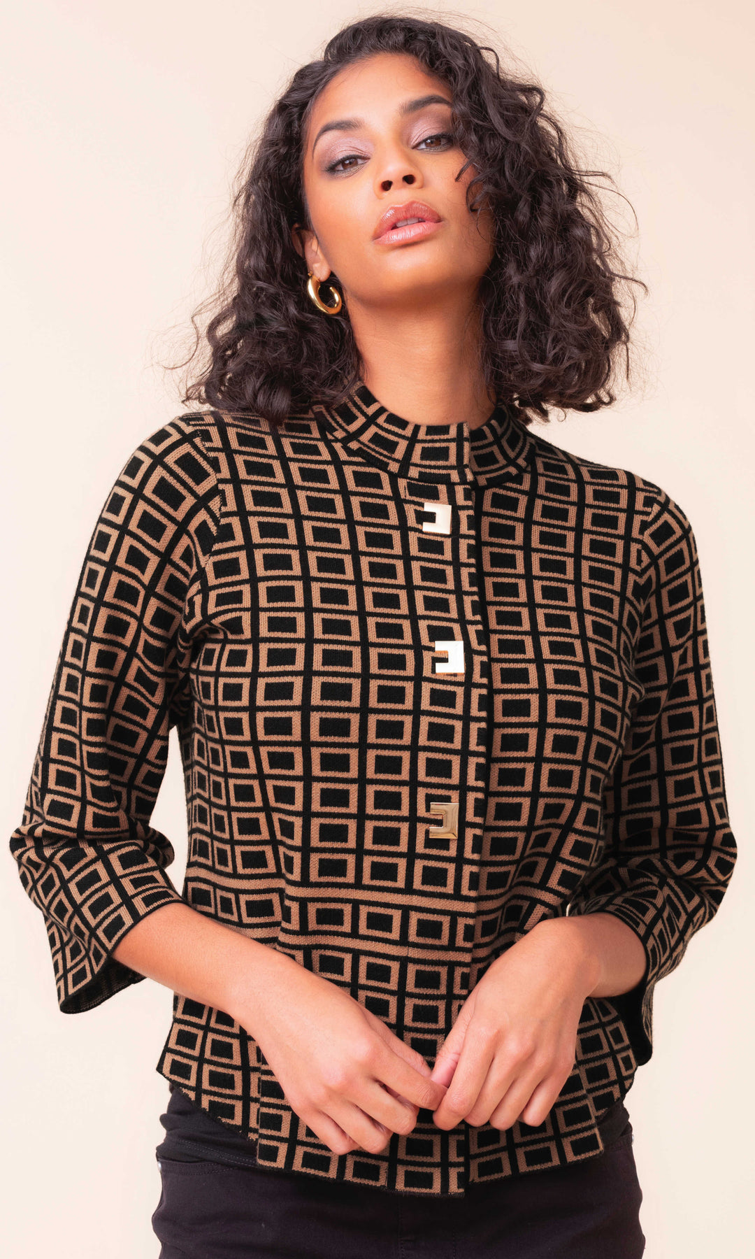 Gallery Grid Button-Front Knit Jacket