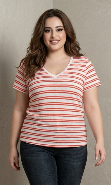 Striped V-Neck Short Sleeve Knit Top