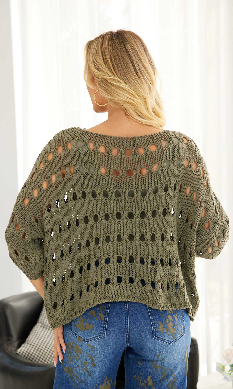 Open Stitch Dolman Sleeve Pullover