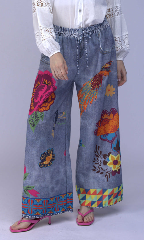 Printed Wide Leg Cropped Pant with Drawstring