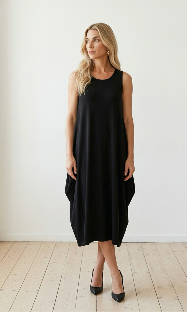 Woman wearing a black sleeveless dress on a white background