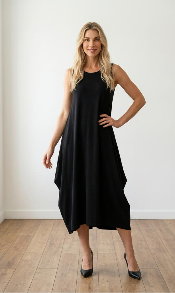 Woman wearing a black dress standing on a wooden floor with a white wall background