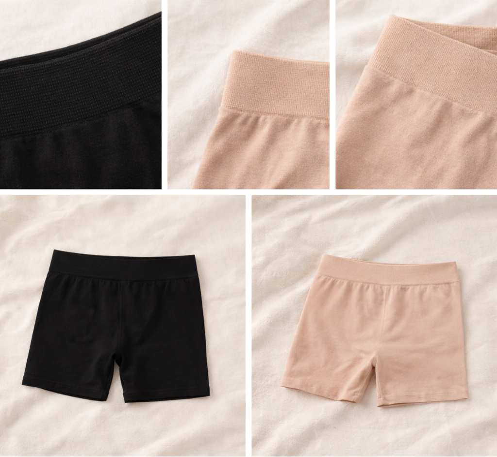 Collage of black and beige shorts on a white background