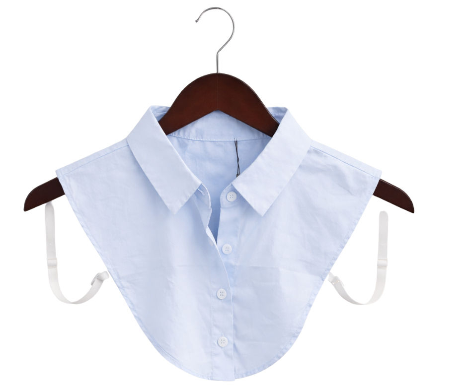 Light blue shirt collar on a wooden hanger against a white background