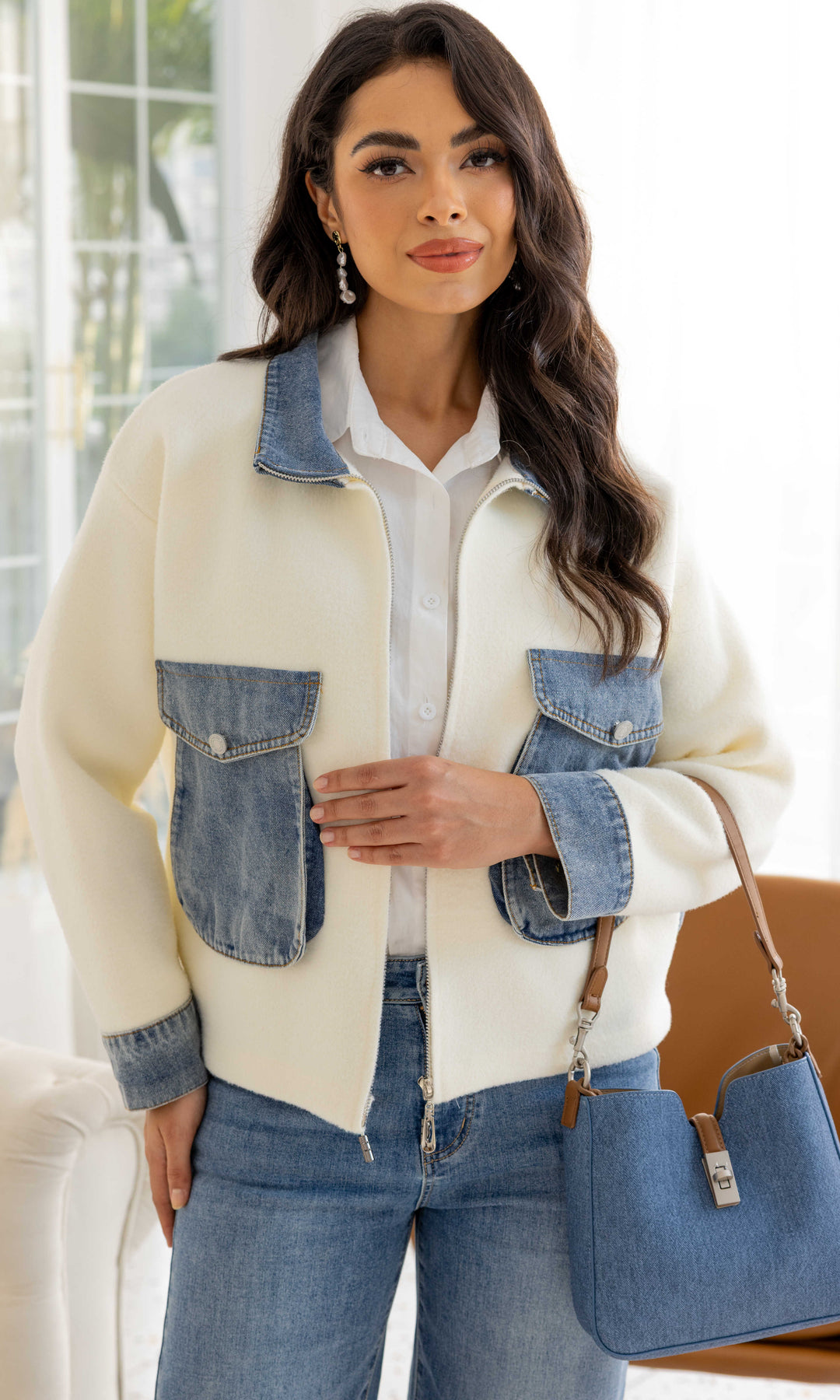 Denim Detail Zip Jacket