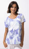 Abstract print V-neck short sleeve top with relaxed fit and lightweight fabric.