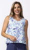Abstract print sleeveless V-neck top with relaxed fit and lightweight fabric.