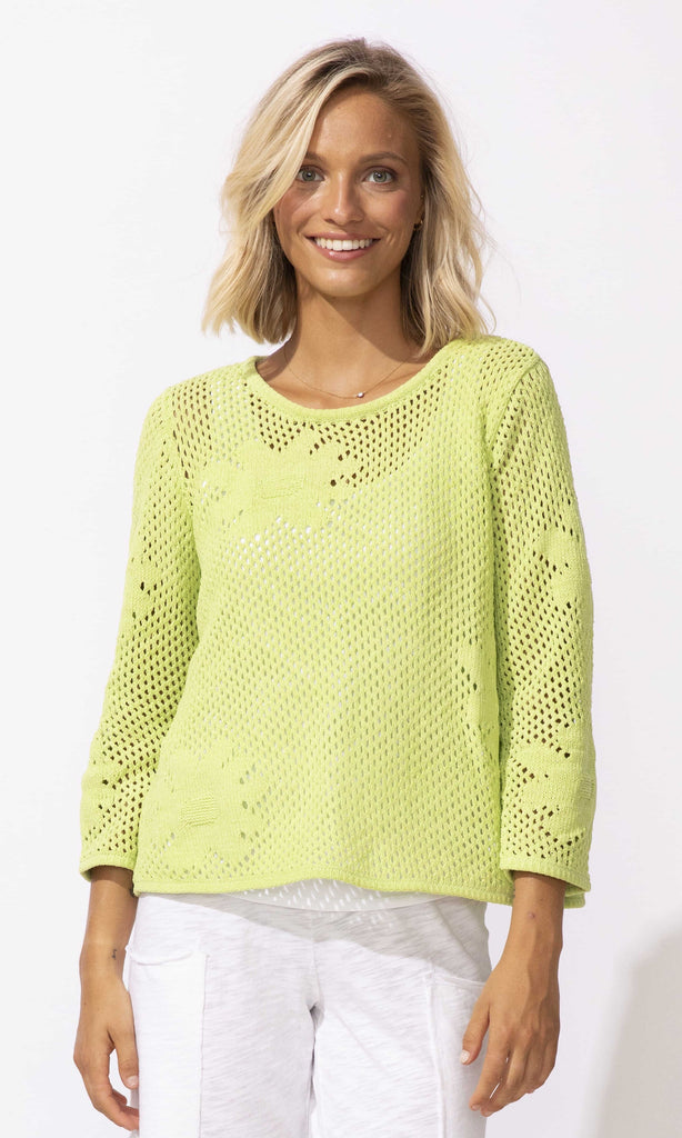 Lightweight open knit butterfly sweater with crew neckline and relaxed fit.