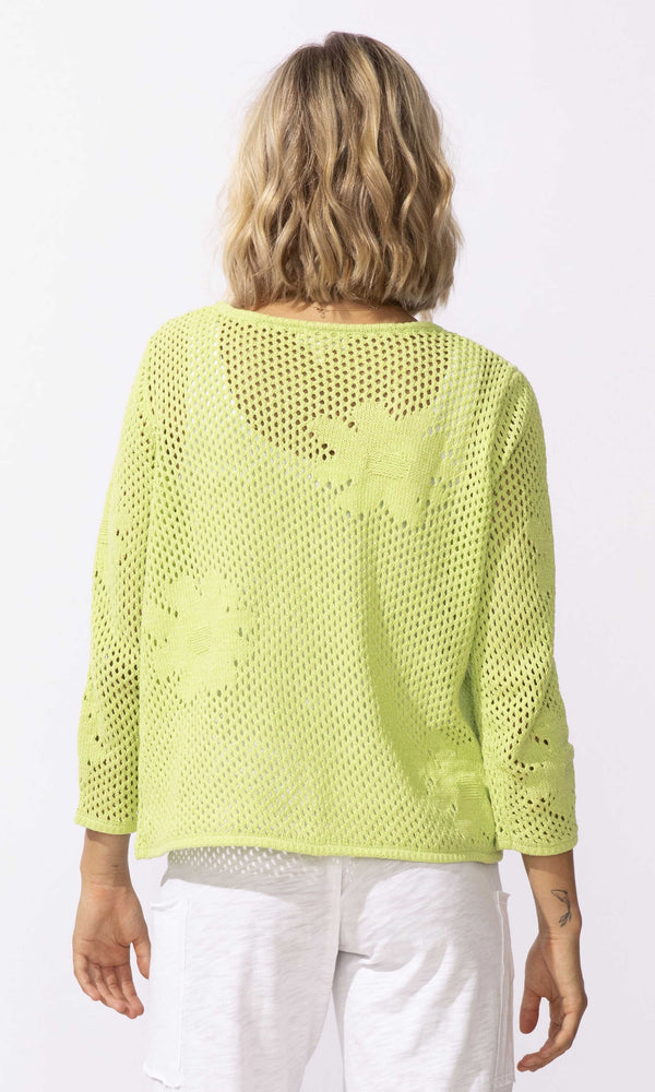 Lightweight open knit butterfly sweater with crew neckline and relaxed fit.